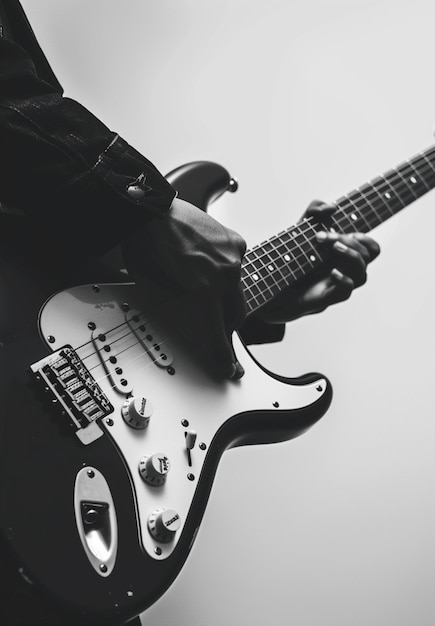 Photo gratuite vue en noir et blanc d'une personne jouant de la guitare électrique