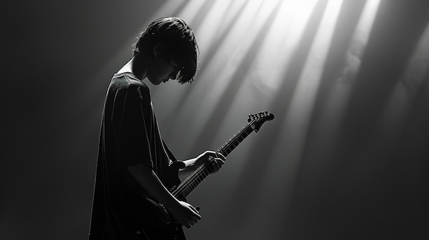 Photo gratuite vue en noir et blanc d'une personne jouant de la guitare électrique