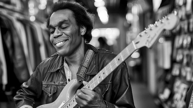 Photo gratuite vue en noir et blanc d'une personne jouant de la guitare électrique