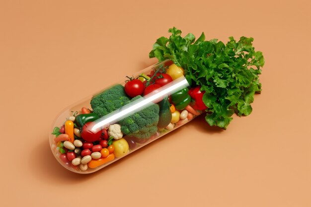 Vue d'une nourriture saine emballée dans un récipient en forme de pilule