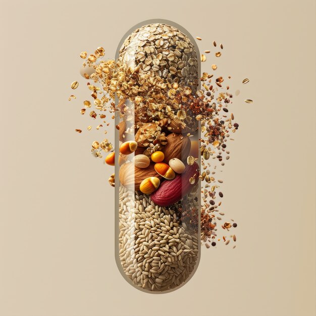 Vue d'une nourriture saine emballée dans un récipient en forme de pilule