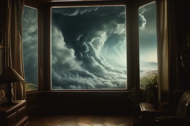 Vue des nuages dans le style sombre à travers la fenêtre de la maison