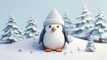 Photo gratuite vue de l'oiseau pingouin 3d avec un paysage naturel