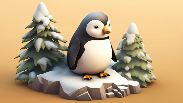 Vue de l'oiseau pingouin 3D avec un paysage naturel