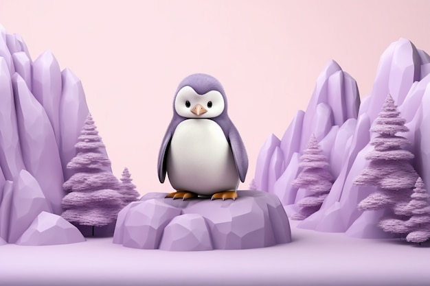 Photo gratuite vue de l'oiseau pingouin 3d avec un paysage naturel