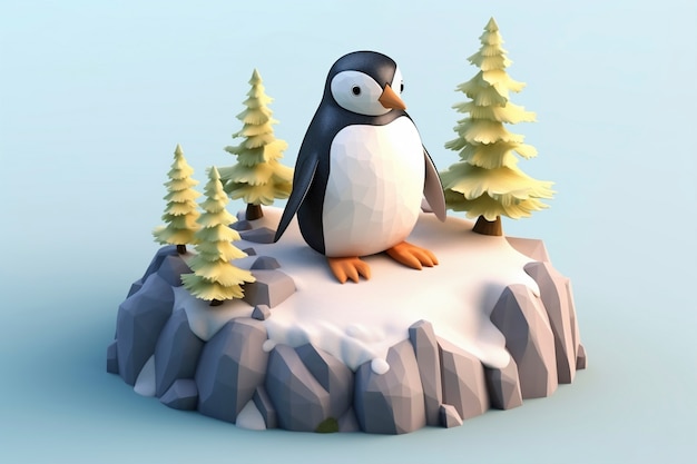 Vue de l'oiseau pingouin 3D avec un paysage naturel