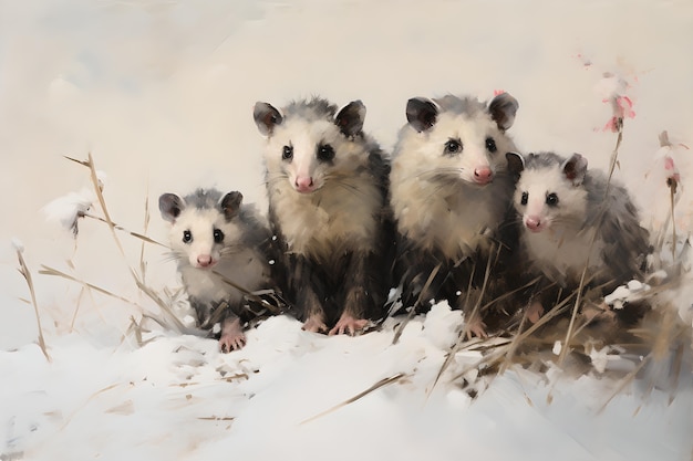 Photo gratuite vue d'un opossum dans le style de l'art numérique avec de la neige