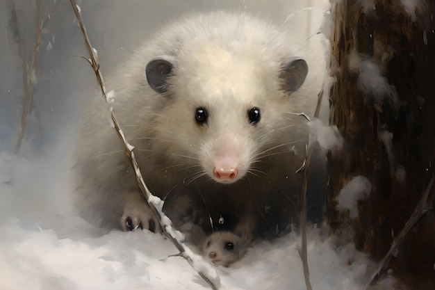 Vue d'un opossum dans le style de l'art numérique avec de la neige