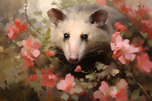 Photo gratuite vue d'un opossum avec de la végétation dans le style de l'art numérique