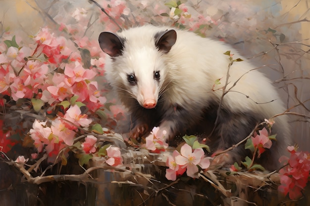 Photo gratuite vue d'un opossum avec de la végétation dans le style de l'art numérique