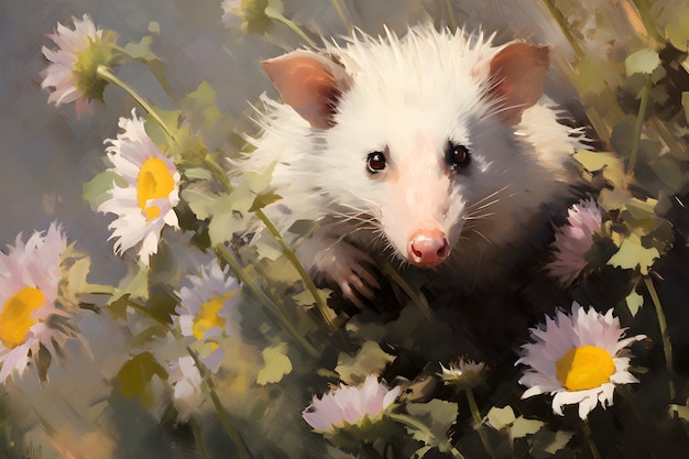 Photo gratuite vue d'un opossum avec de la végétation dans le style de l'art numérique