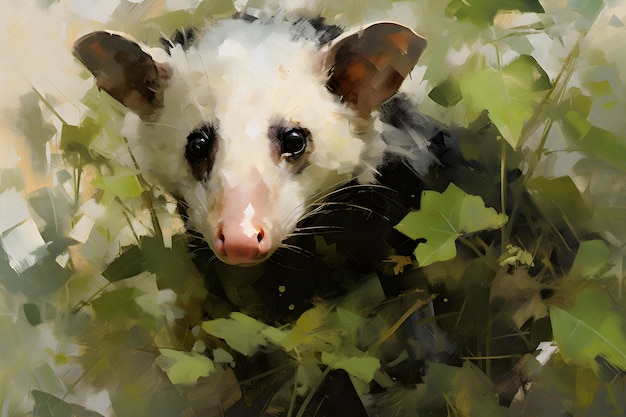 Photo gratuite vue d'un opossum avec de la végétation dans le style de l'art numérique