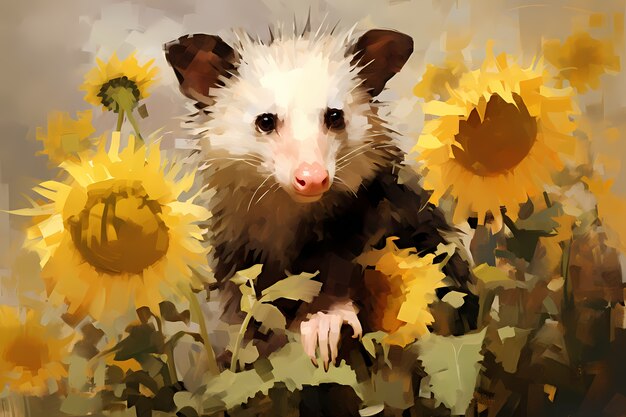 Photo gratuite vue d'un opossum avec de la végétation dans le style de l'art numérique