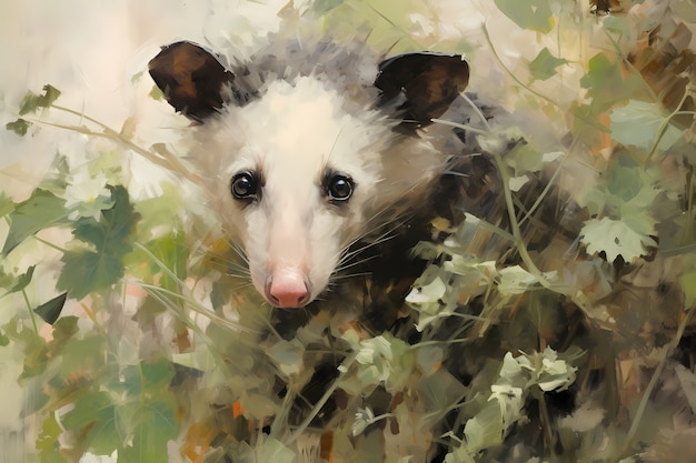 Vue d'un opossum avec de la végétation dans le style de l'art numérique