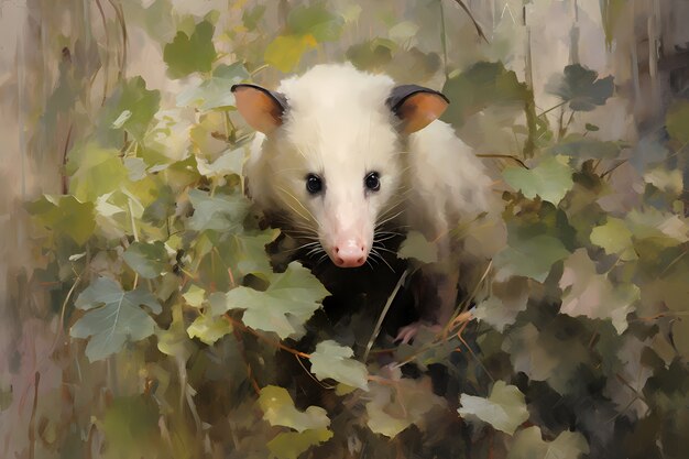 Vue d'un opossum avec de la végétation dans le style de l'art numérique