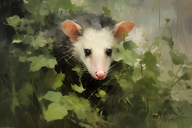 Vue d'un opossum avec de la végétation dans le style de l'art numérique