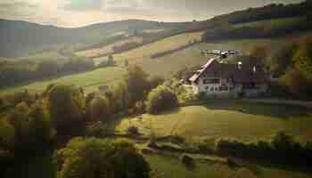 Photo gratuite vue panoramique du paysage rural tranquille au crépuscule générée par l'ia