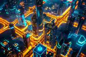 Photo gratuite vue panoramique de la ville de dubaï éclairée dans un spectre néon