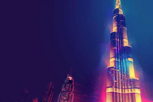 Vue panoramique de la ville de Dubaï éclairée dans un spectre néon