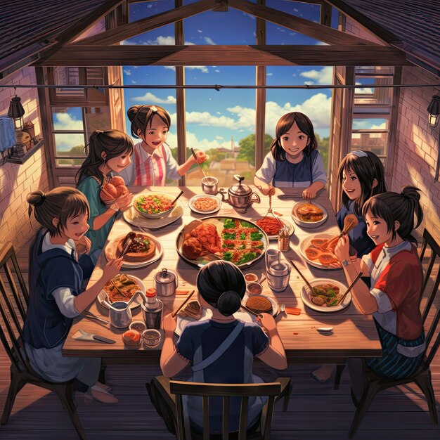 Photo gratuite vue de personnes dégustant une délicieuse nourriture lors d'un dîner de réunion dans le style anime