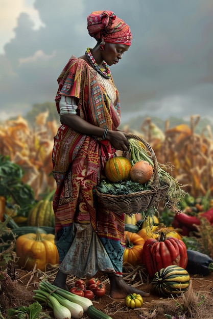 Vue photoréaliste des Africains récoltant des légumes et des céréales