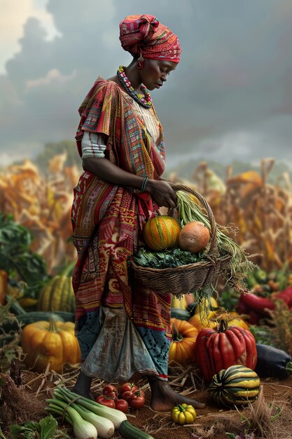 Vue photoréaliste des Africains récoltant des légumes et des céréales