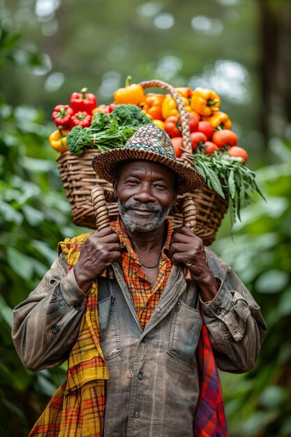 Vue photoréaliste des Africains récoltant des légumes et des céréales