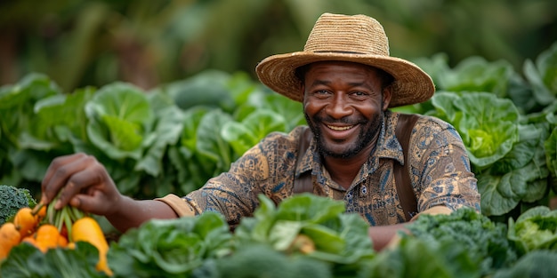 Vue photoréaliste des Africains récoltant des légumes et des céréales