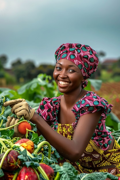 Vue photoréaliste des Africains récoltant des légumes et des céréales