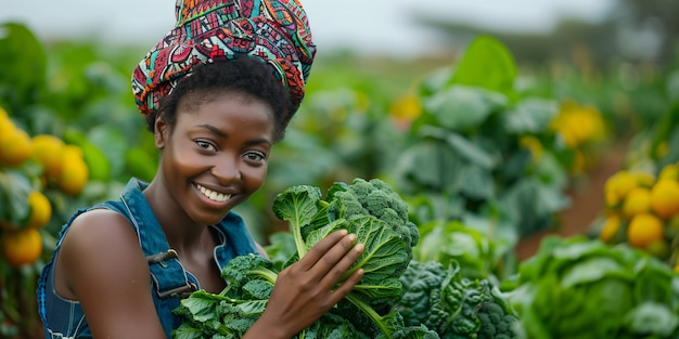 Vue photoréaliste des Africains récoltant des légumes et des céréales