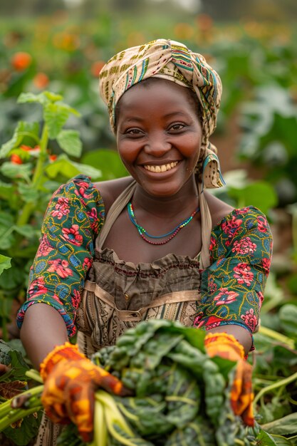 Vue photoréaliste des Africains récoltant des légumes et des céréales