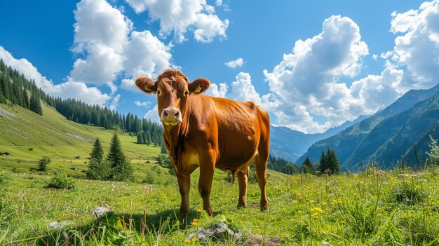 Vue photoréaliste du pâturage des vaches dans la nature en plein air