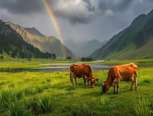 Photo gratuite vue photoréaliste du pâturage des vaches en plein air