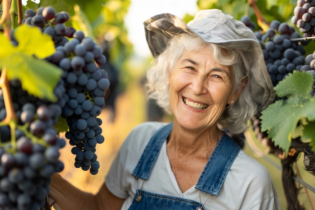 Photo gratuite vue photoréaliste d'une femme récoltant dans un jardin biologique durable