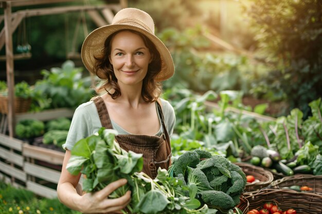 Photo gratuite vue photoréaliste d'une femme récoltant dans un jardin biologique durable