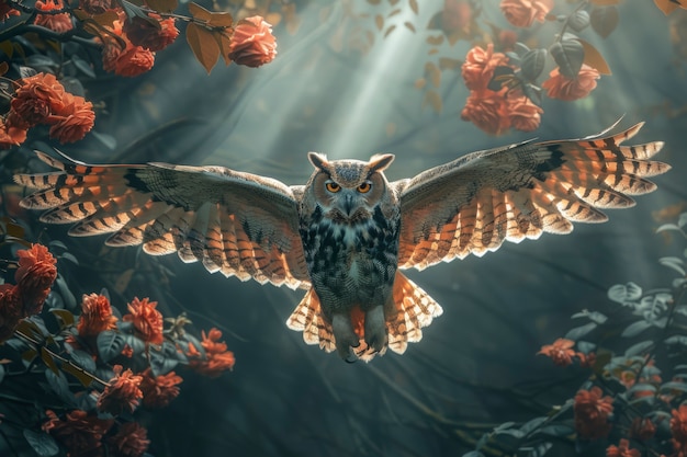 Vue photoréaliste d'un hibou avec des plumes dans la nature