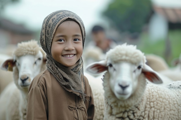 Photo gratuite vue photoréaliste de musulmans avec des animaux préparés pour l'offrande de l'eid al-adha