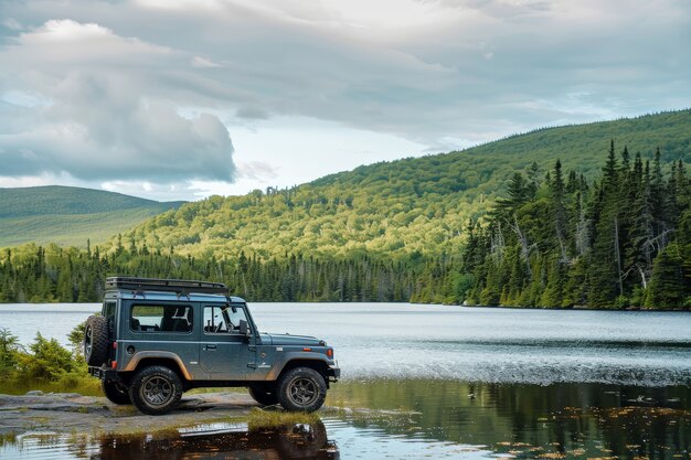 Vue photoréaliste d'une voiture tout-terrain avec terrain naturel et conditions météorologiques