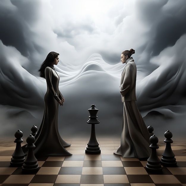 Photo gratuite vue de pièces d'échecs dramatiques avec des femmes