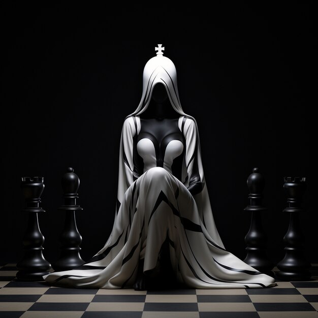 Vue de pièces d'échecs dramatiques avec une figure mystérieuse