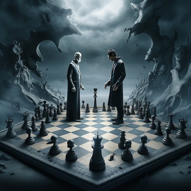 Photo gratuite vue de pièces d'échecs spectaculaires avec une ambiance mystérieuse et mystique