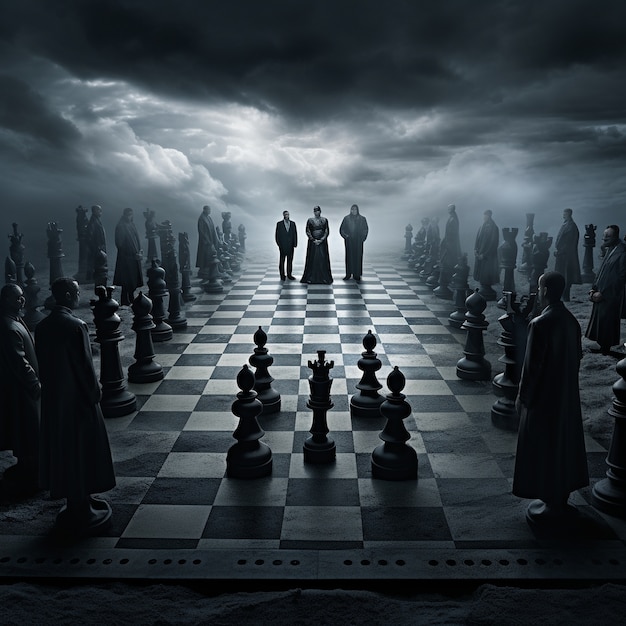 Vue de pièces d'échecs spectaculaires par temps orageux