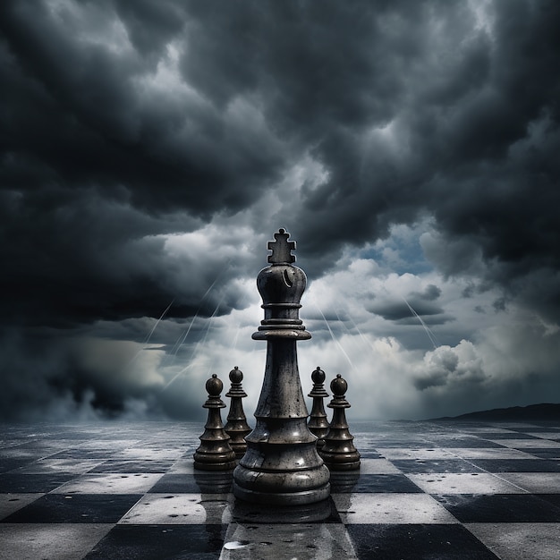 Photo gratuite vue de pièces d'échecs spectaculaires par temps orageux