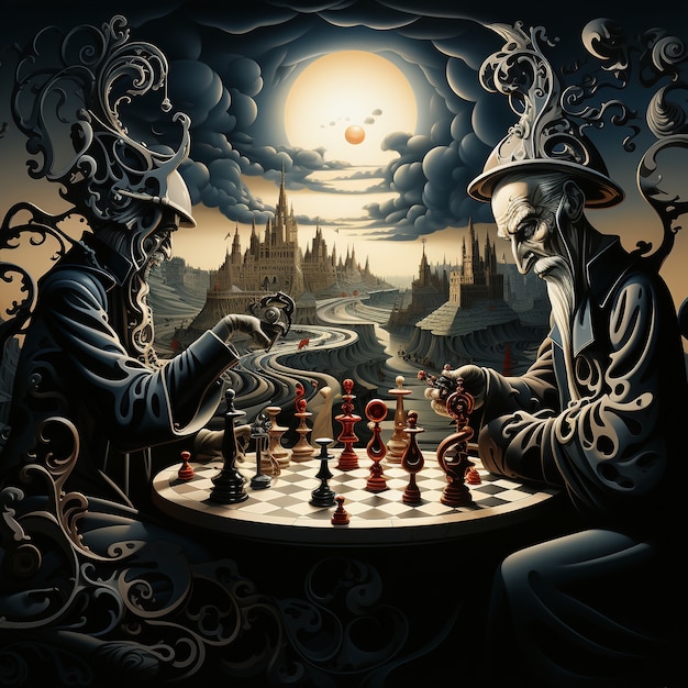 Vue de pièces d'échecs spectaculaires avec des sorciers