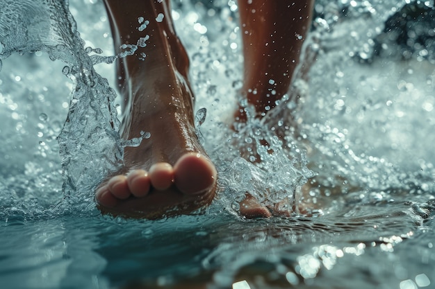 Vue de pieds réalistes touchant l'eau claire qui coule