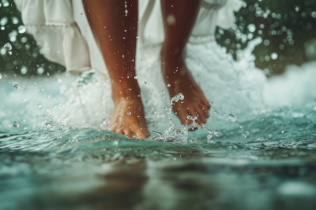 Photo gratuite vue de pieds réalistes touchant l'eau claire qui coule