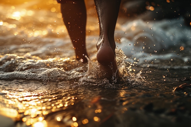 Vue de pieds réalistes touchant l'eau claire qui coule