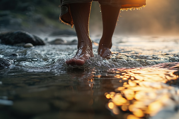 Photo gratuite vue de pieds réalistes touchant l'eau claire qui coule