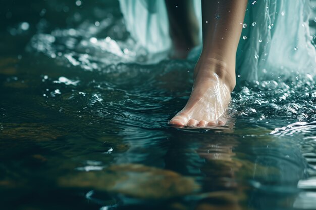 Vue de pieds réalistes touchant l'eau claire qui coule