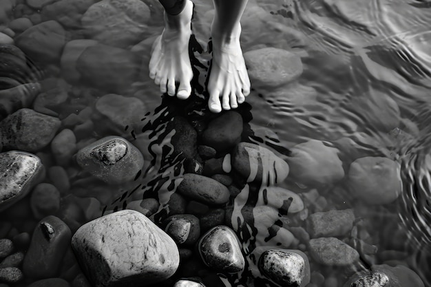 Vue de pieds réalistes touchant l'eau claire qui coule